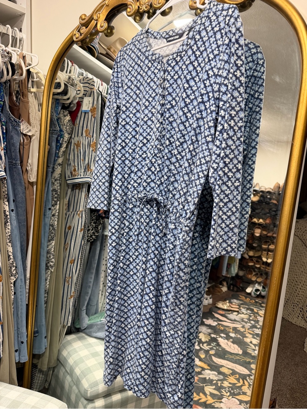 Lands' End Blue and White Floral Tie-Waist Midi Dress